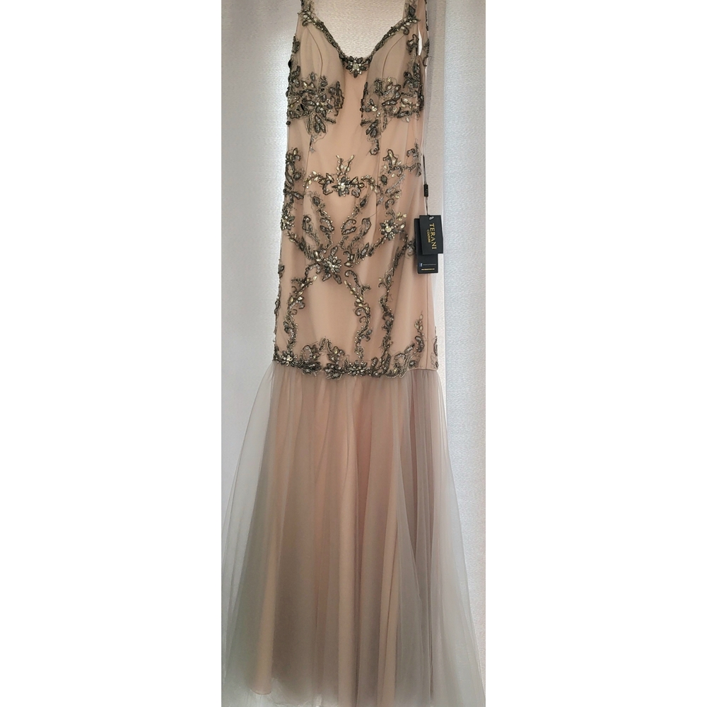 Terani Couture Cream and Gray Prom Dress with Intricate Embellishments - Picture 8 of 9